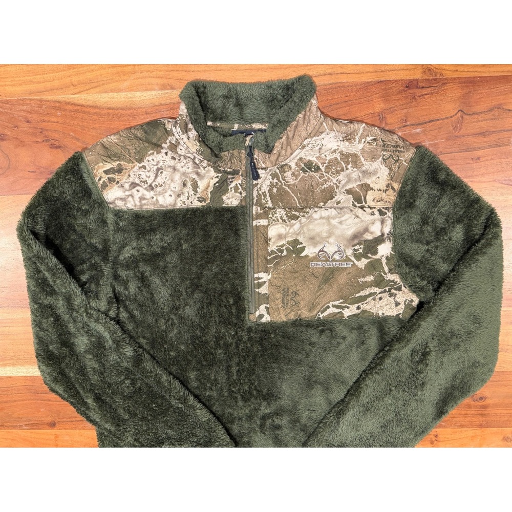 Realtree Mens M Sherpa Fleece Pullover Olive Green Camo 1/4 Zip Hunting - Picture 2 of 9